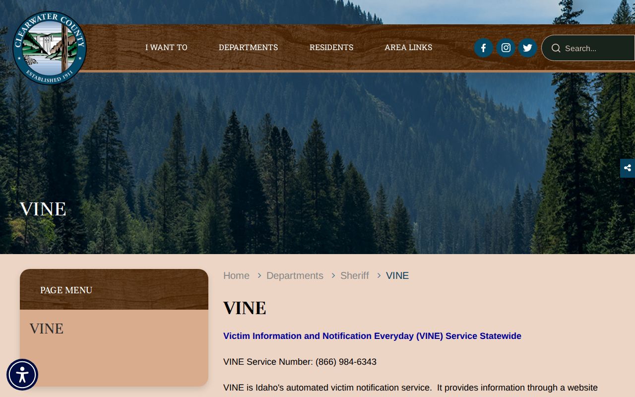 Clearwater County VINE inmate check and release notification page