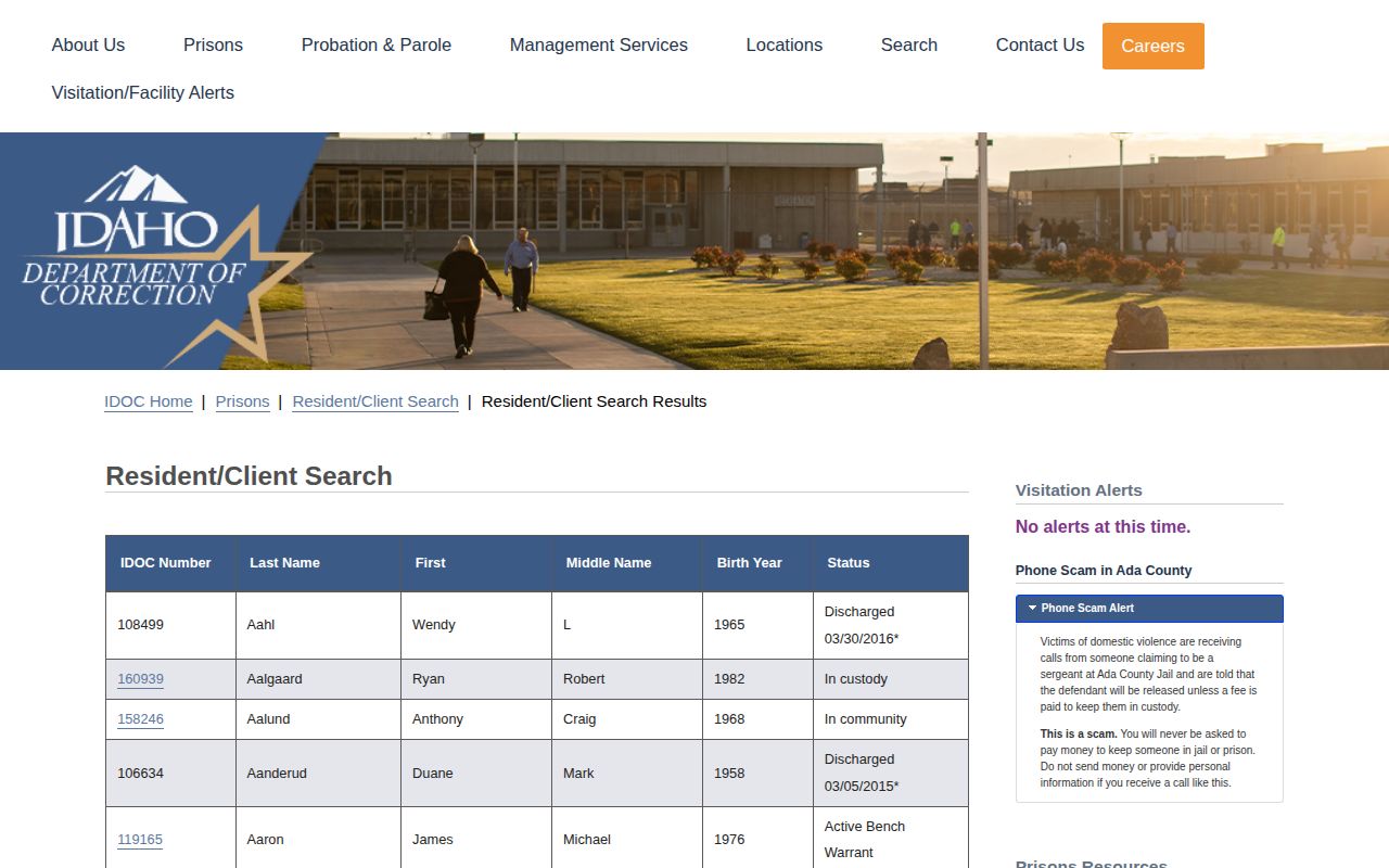 IDOC discharged result for Clearwater County released inmate search