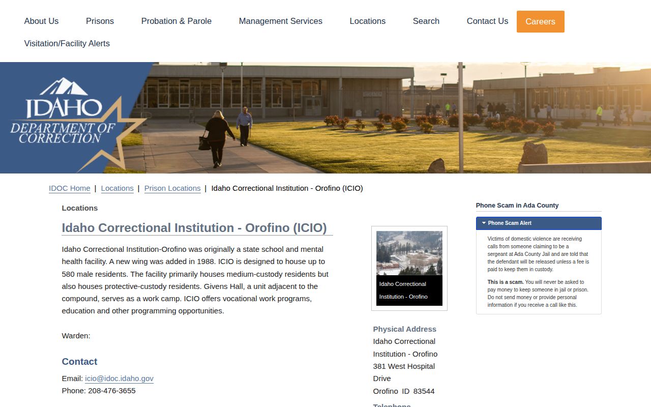 Idaho Correctional Institution Orofino release and offender records